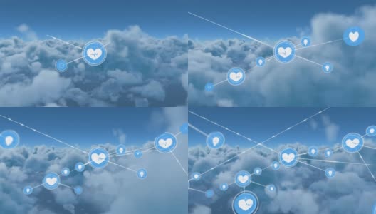 动画网络的心脏和灯泡图标在蓝天的背景高清在线视频素材下载