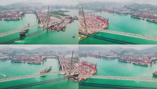 昂船洲大桥和香港港口的4K超高清超延时，与货物集装箱船、起重机和汽车交通。物流行业或货运经营理念，无人机鸟瞰高清在线视频素材下载