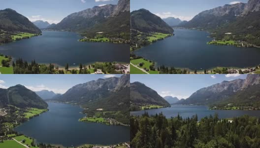 飞越奥地利萨尔兹卡默古特的格伦德湖高清在线视频素材下载