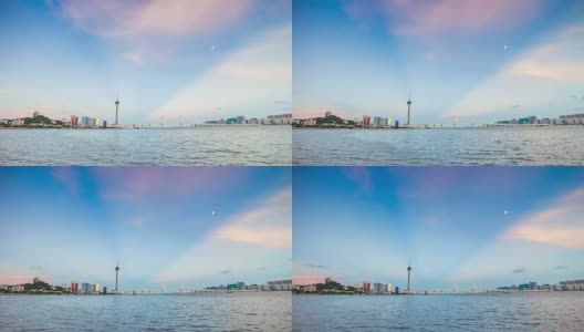 中国日落，珠海湾，澳门城著名塔海岸线全景4k时间高清在线视频素材下载