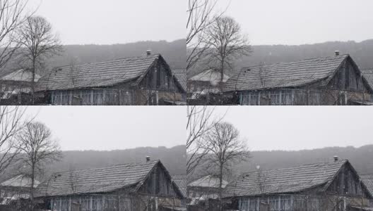 美丽的冬村背景。大雪打在乡村建筑的屋顶上。森林自然。浪漫的仙境。环境优美高清在线视频素材下载