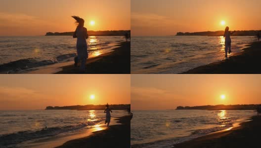 日落时分在海滩上跑步:女人独自跑步——慢镜头高清在线视频素材下载