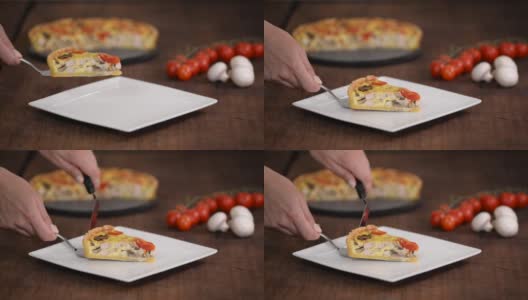 洛林鸡乳蛋饼配蘑菇、番茄和芝士高清在线视频素材下载