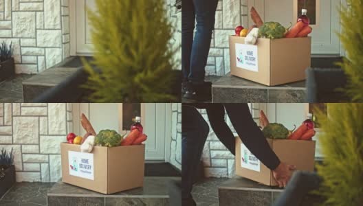 慢镜头:送货员将食品盒送到门口高清在线视频素材下载
