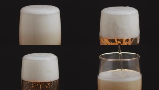 啤酒溢出杯沿，留下泡沫的痕迹高清在线视频素材下载