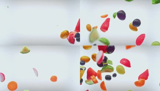 一堆切好的水果和蔬菜在空中碰撞高清在线视频素材下载