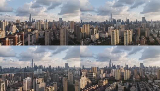 无人机拍摄:4K天空下上海天际线鸟瞰图高清在线视频素材下载