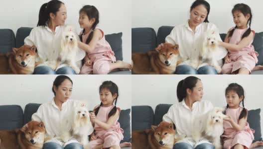 亚洲母亲和女儿和他们的狗在家里高清在线视频素材下载