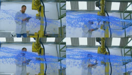 动画的蓝色发光网格男性科学家与机器人和平板电脑高清在线视频素材下载