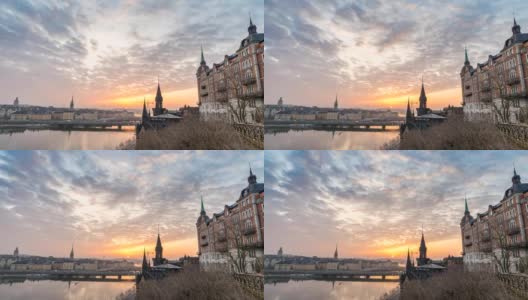 斯德哥尔摩城市天际线夜晚到白天日出的时间流逝在Gamla Stan和Slussen，斯德哥尔摩瑞典4K时间流逝高清在线视频素材下载