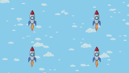 卡通火箭飞船飞过多云的天空。平面动画高清在线视频素材下载