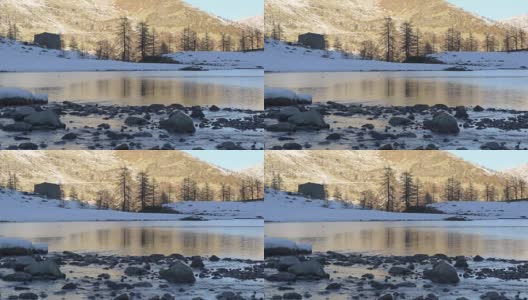冬季河流流入意大利阿尔卑斯山脉冰冻的湖中高清在线视频素材下载
