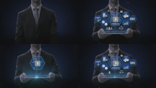 商人举着智能pad，平板电脑，金融科技图标和各种图形。未来的金融技术。4 k的电影。版本3。高清在线视频素材下载