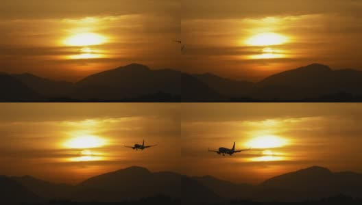 日落时飞机在太阳前面飞过高清在线视频素材下载