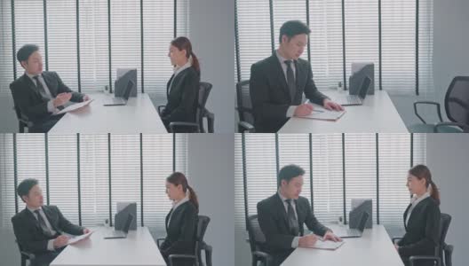 亚洲女性在办公室面试后与人事经理握手。漂亮漂亮的女员工在求职后与人力资源经理、商人握手高清在线视频素材下载
