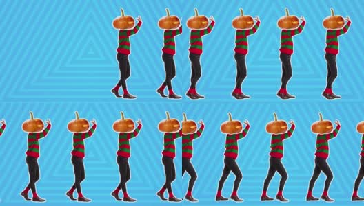 万圣节快乐。定格动画设计，艺术动画。南瓜头跳舞的男人。色彩背景上的时尚太空步舞蹈。有趣的，现代的，概念的，当代的4k艺术拼贴画。派对时间概念高清在线视频素材下载