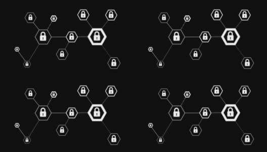 4K动画六角形带锁图标的网络安全挂锁网络技术概念在黑色背景上高清在线视频素材下载