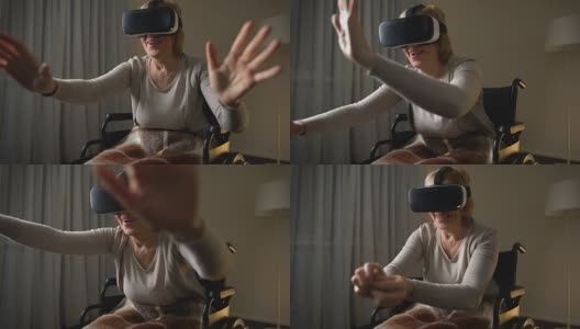 兴奋的高级女士在轮椅上有乐趣在现代虚拟现实耳机高清在线视频素材下载
