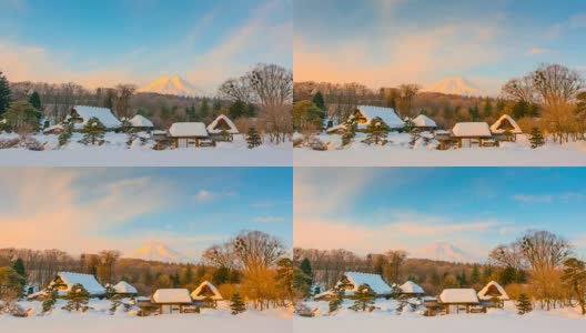 日本冬季暴雪后，以4k延时拍摄的大野Hakkai村日出与富士山为背景高清在线视频素材下载