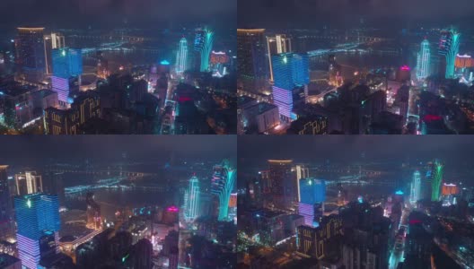 夜间灯光澳门城湾著名的市中心酒店航拍全景4k中国高清在线视频素材下载