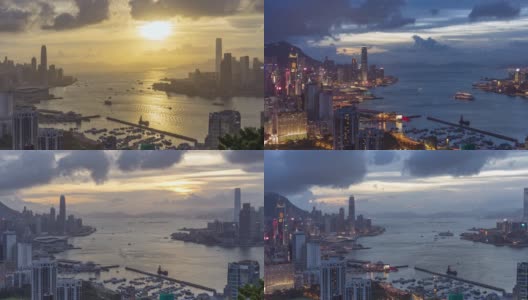 4K超高清时间推移:鸟瞰图黄昏到夜晚的香港城市景观摩天大楼高清在线视频素材下载