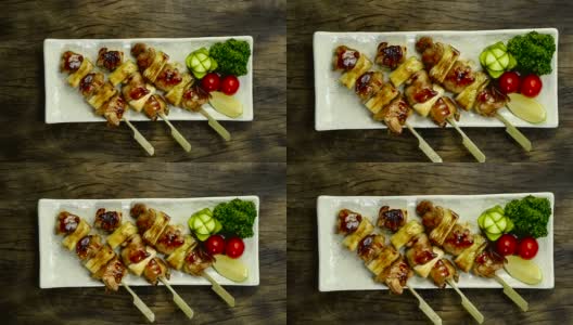 烤鸡肉串和韭菜串洋葱串日式料理高清在线视频素材下载