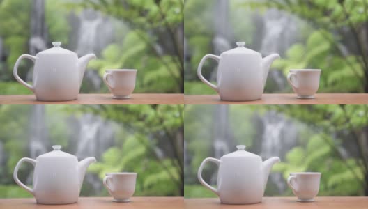 静物近距离茶具在花园与瀑布的背景高清在线视频素材下载
