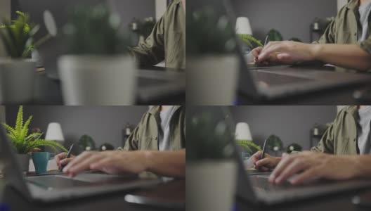 特写图形设计师Man Hands在笔记本电脑上工作与图形平板电脑。摄影师,合成高清在线视频素材下载
