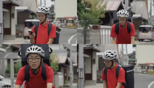 一个中年男子骑自行车送食物，寻找一个地址或目的地高清在线视频素材下载