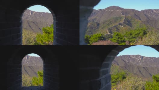 斯坦尼康镜头拍摄的中国长城，上升的一边的山。镜头穿过瞭望塔的通道，显示出长城上窗户的景色高清在线视频素材下载