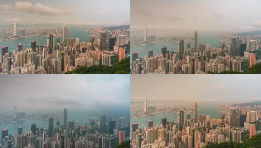 从白天到晚上，从空中俯瞰中国香港维多利亚港的市区交通高清在线视频素材下载