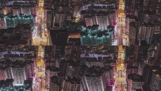 4K超高清Hyperlapse延时拍摄香港市区道路上的车辆交通和夜间行人，无人机空中摄影俯视图。通勤，亚洲城市生活，或公共交通概念高清在线视频素材下载