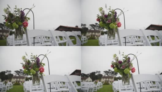 即将离任的婚礼。装饰，婚礼的椅子放在草坪上高清在线视频素材下载