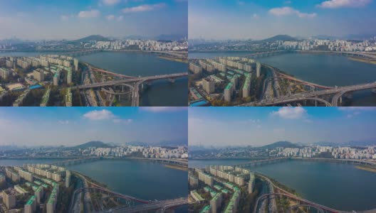 韩国首尔市区天际线，高速公路上的车辆和横跨汉江的大桥。高清在线视频素材下载