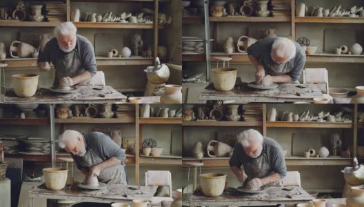 创造性的工匠正在工作与粘土在陶工的车轮创造小陶瓷碗。可见手工陶器、专业陶工设备和工具。高清在线视频素材下载