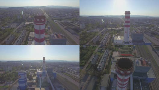 天线:位于工业城镇的大型发电站工厂上方高清在线视频素材下载
