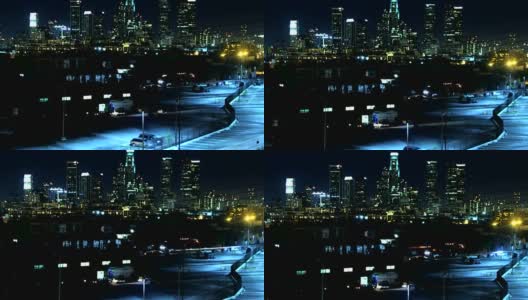 洛杉矶市中心夜晚时光流逝蓝色高清在线视频素材下载