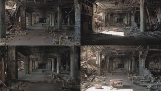 近距离观察:幽灵毁坏的车库在废弃的费希尔车身厂汽车厂，美国高清在线视频素材下载