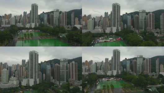 雨天香港市区湾仔运动场区空中全景图4k高清在线视频素材下载