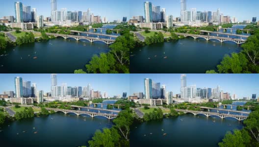从皮划艇和桥梁到德克萨斯州奥斯汀2019年天际线城市景观与最高的建筑和没有起重机高清在线视频素材下载