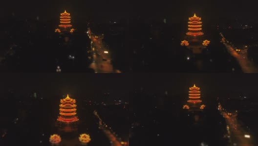 夜间照明武汉市著名的黄鹤寺鸟瞰图4k倾斜移位中国高清在线视频素材下载