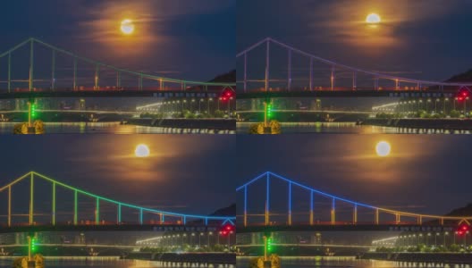 在一轮冉冉升起的满月的背景下，第聂伯河上一座人行桥上人们的剪影高清在线视频素材下载