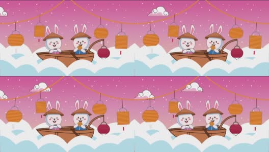 中秋动画与兔夫妇在云船上高清在线视频素材下载