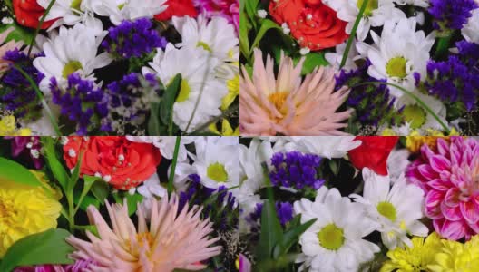旋转着美丽鲜艳的菊花和玫瑰花束。给女人最好的礼物。高清在线视频素材下载