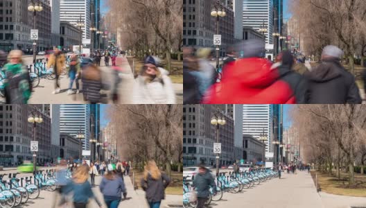 时光流逝:游客们聚集在美国伊利诺伊州芝加哥市中心的千禧公园周围高清在线视频素材下载