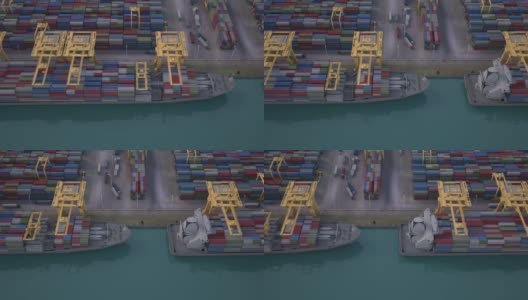 深海港口集装箱船装卸，集装箱船商业物流进出口货物运输鸟瞰图，集装箱装载货物货轮。循环高清在线视频素材下载