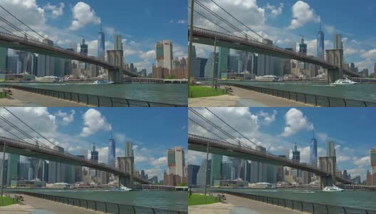 低角度的布鲁克林大桥在东河上的城市景观对天空高清在线视频素材下载