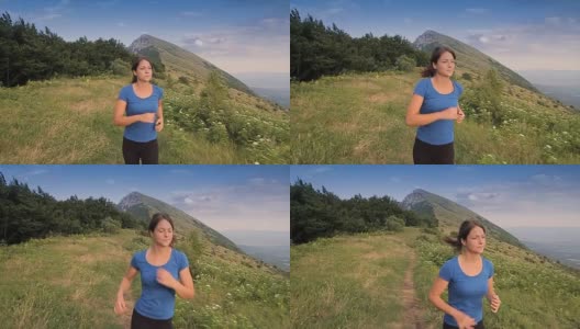 小女孩在山顶上奔跑，摄像机稳定拍摄高清在线视频素材下载