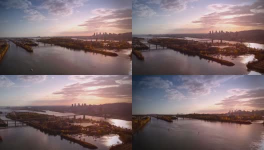 加拿大魁北克蒙特利尔和雅克-卡地亚大桥的航拍镜头高清在线视频素材下载