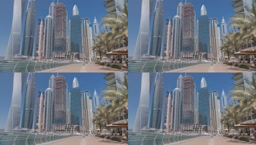 迪拜码头的现代摩天大楼和游艇的全景，阿拉伯联合酋长国高清在线视频素材下载